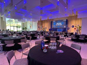 Stijlvolle eventzaal met tafels en groot scherm voor een interactieve quiz tijdens een personeelsfeest.